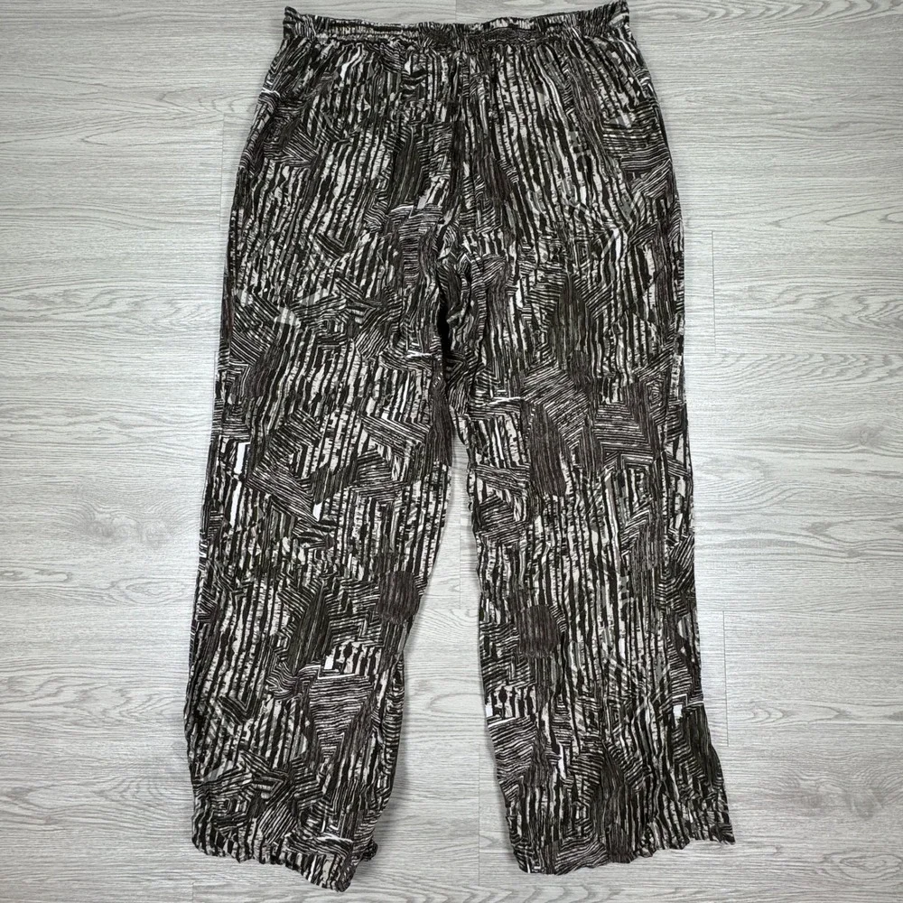 Chico's Women's Pants Brown White Abstract Print Elastic‎ Waist Rayon Size 2